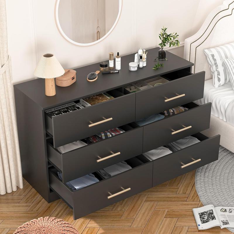 6 Drawer Dresser with Gold Handles for Bedroom, Modern Wide Chest of Drawers with Sturdy Frame for Living Room, TV Stand with Drawers Storage Cabinet Furniture for Closet Beside Living Room,Black Aesthetic Interior
