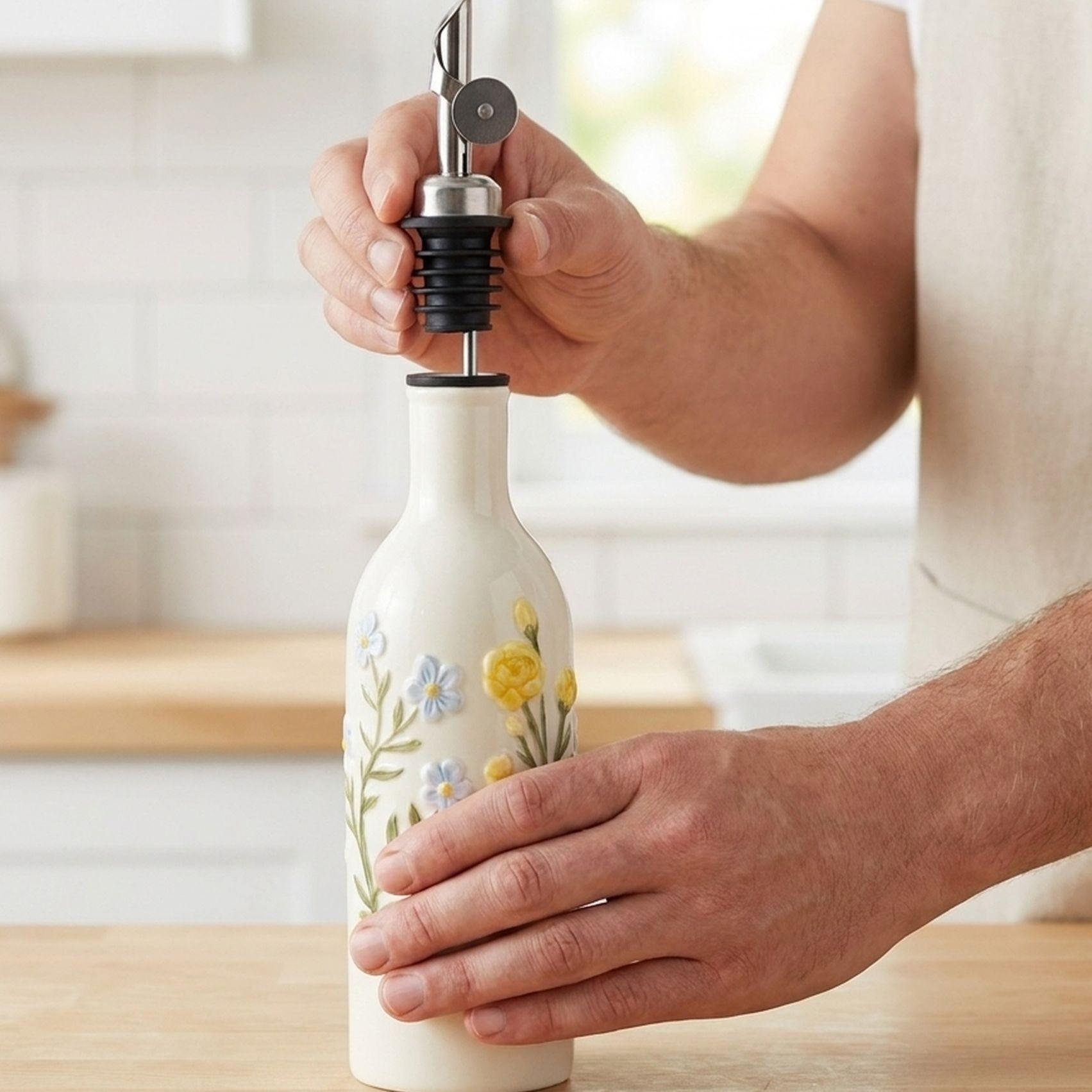 Rustic Wildflower Ceramic Oil Bottle, Automatic Flip Lid, Adjustable Spout, Ideal for Salad Dressing & Daily Cooking