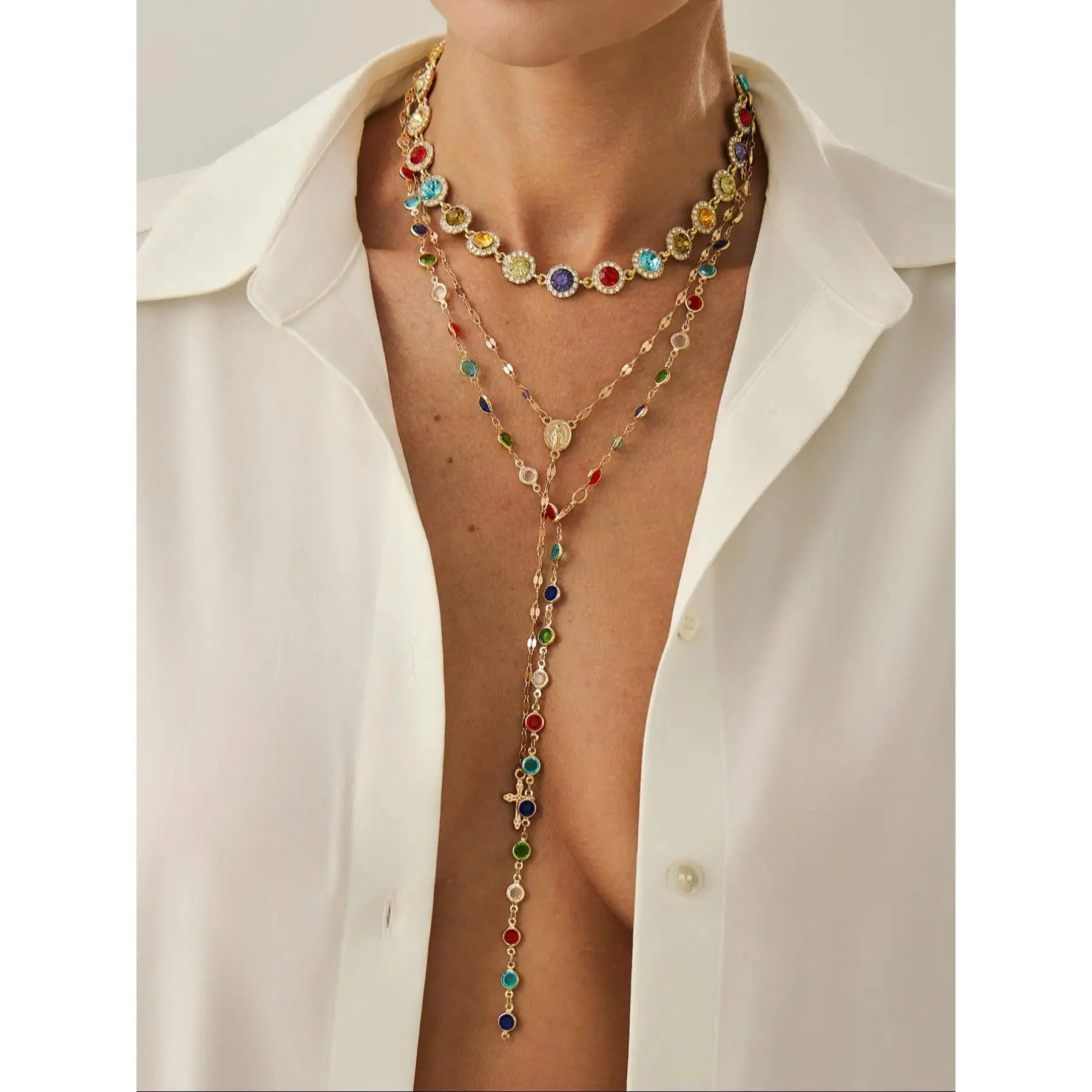 Boho 14K Gold Plated Colorful Sparkling Layered Necklace, Glitter Cross Pendant Long Drop Dangle Chain, Lightweight Statement Party Jewelry, Adjustable Fit, Perfect Festival Event Gift