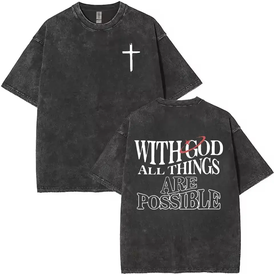 Men's Vintage Washed Cotton Round Neck Short-Sleeve T-Shirt - Biblical Quote "With God All Things Are Possible" from Matthew 26:41, Loose Fit, Black with White Lettering, High-Quality Fabric, Casual Wear