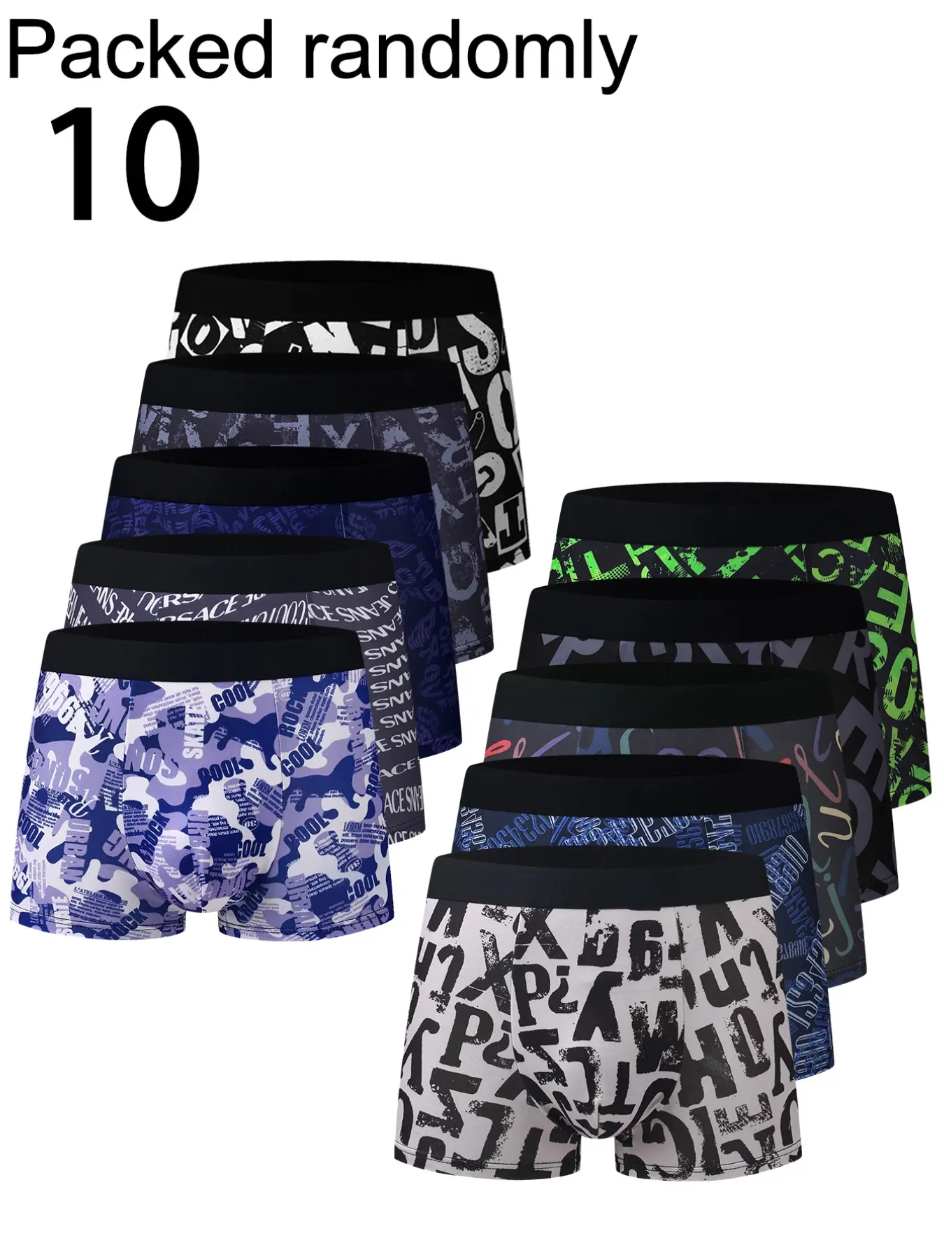 10 Pcs Trendy Graffiti Print Men's Underwear Boxer Briefs, Mid-Waist High Elasticity Stretch, Breathable Non-Rolling Edge, Summer Trunk Shorts