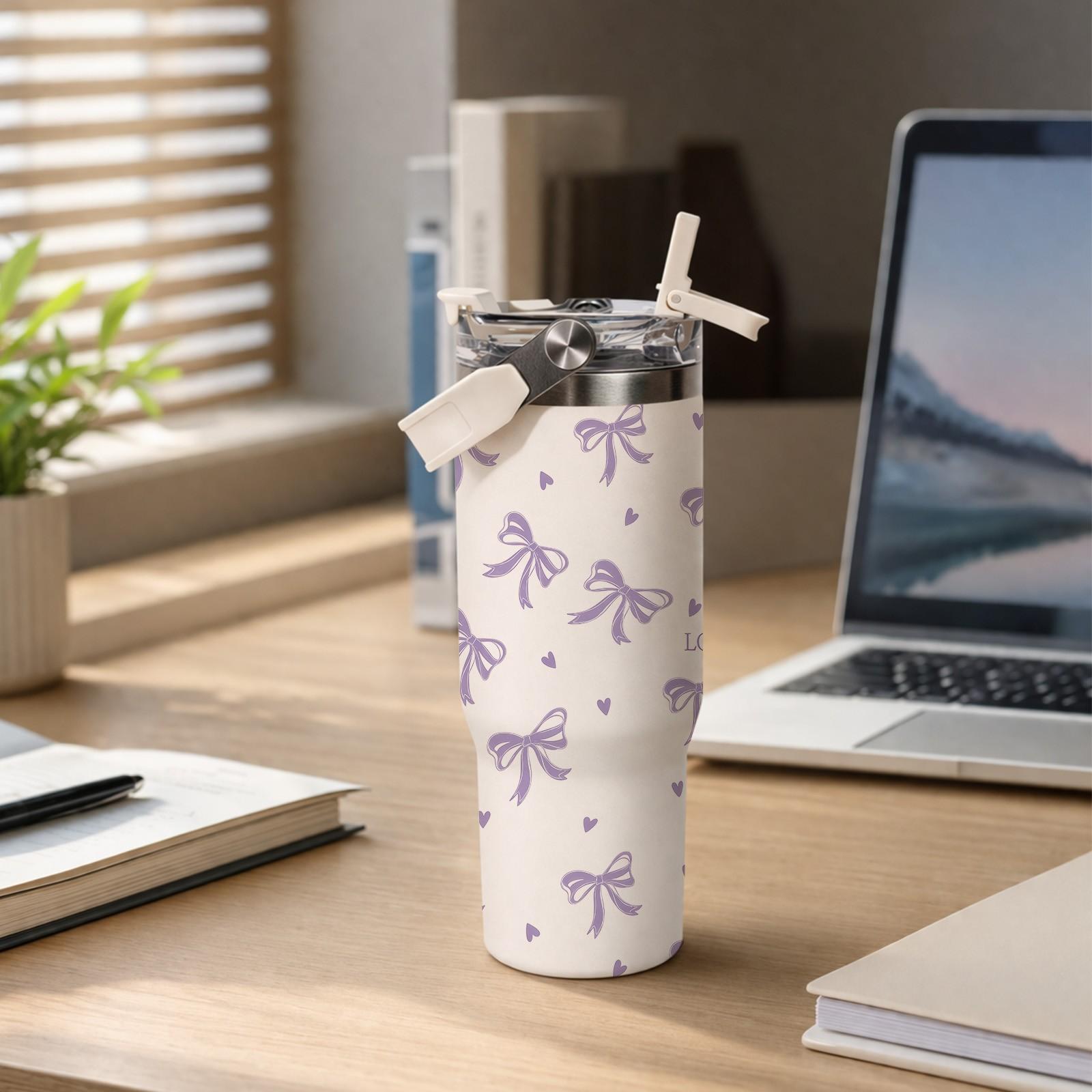 1pc 30oz Stainless Steel Tumbler with Handle, Purple Bow Print Thermal Mug with Lid And Straw, Keeps Hot 12H Cold 24H, Cute Insulated Cup for Travel, Office, Car, Unique Gift for Women