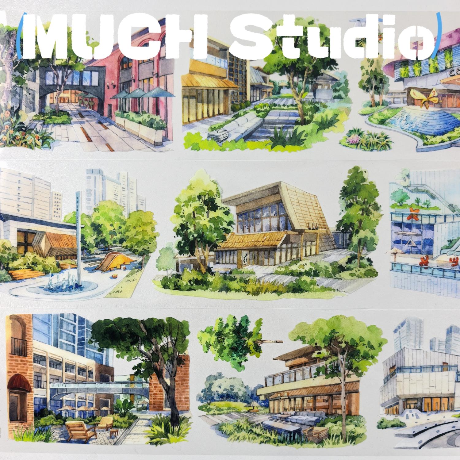 New Pet Sticker Roll (7x130cm), Modern City Landmark Landscape Design, High-Quality Craft Tape for Scrapbooking & Journal Decoration