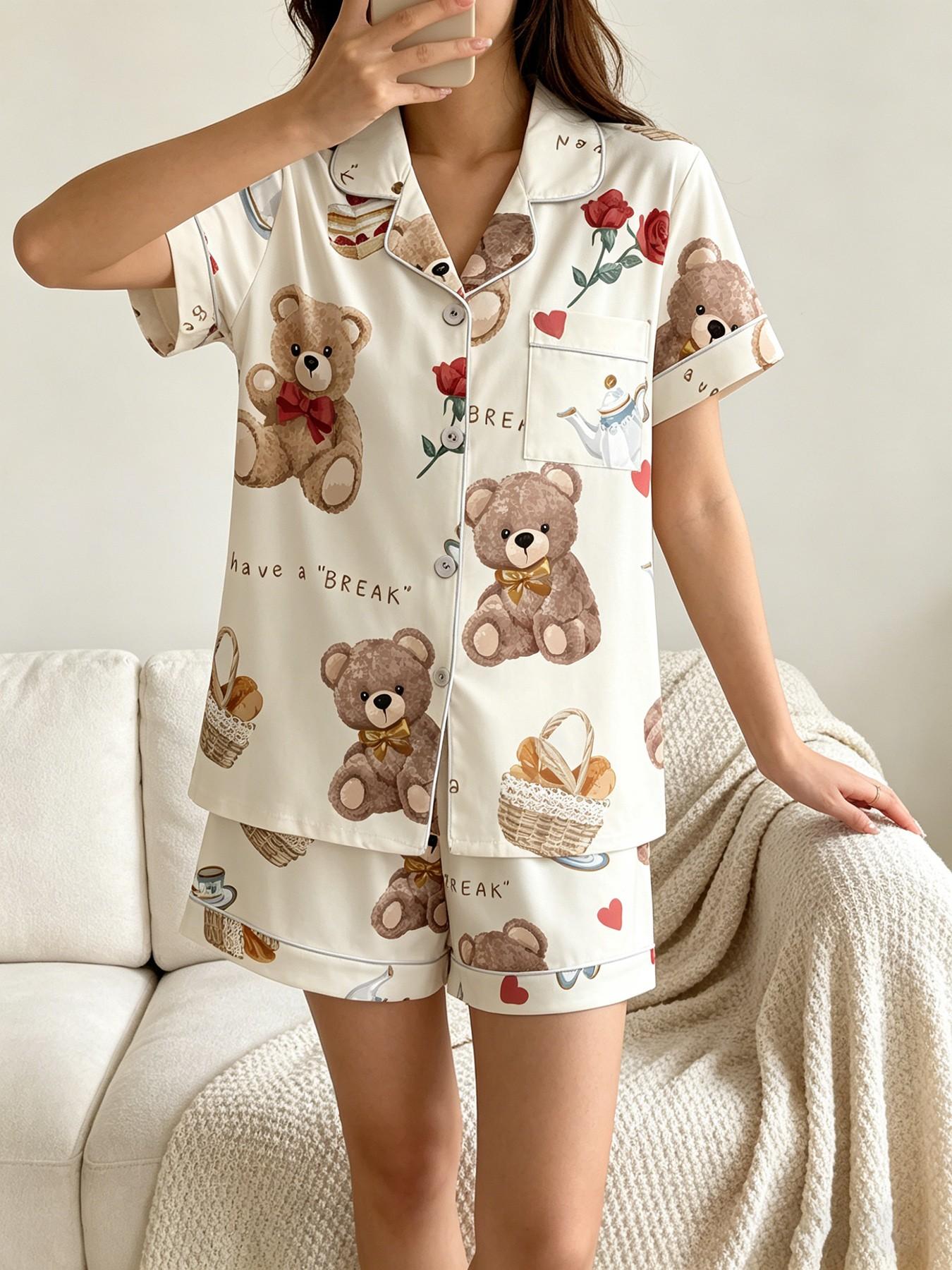 Women's Short Sleeve Button Down Top and Shorts Pajama Set, Spring Summer Wear, For French Romantic Lovers, White Base Rose Teddy Bear Print, Classic Lapel Collar, Loose Fit, Comfortable For Home & Travel