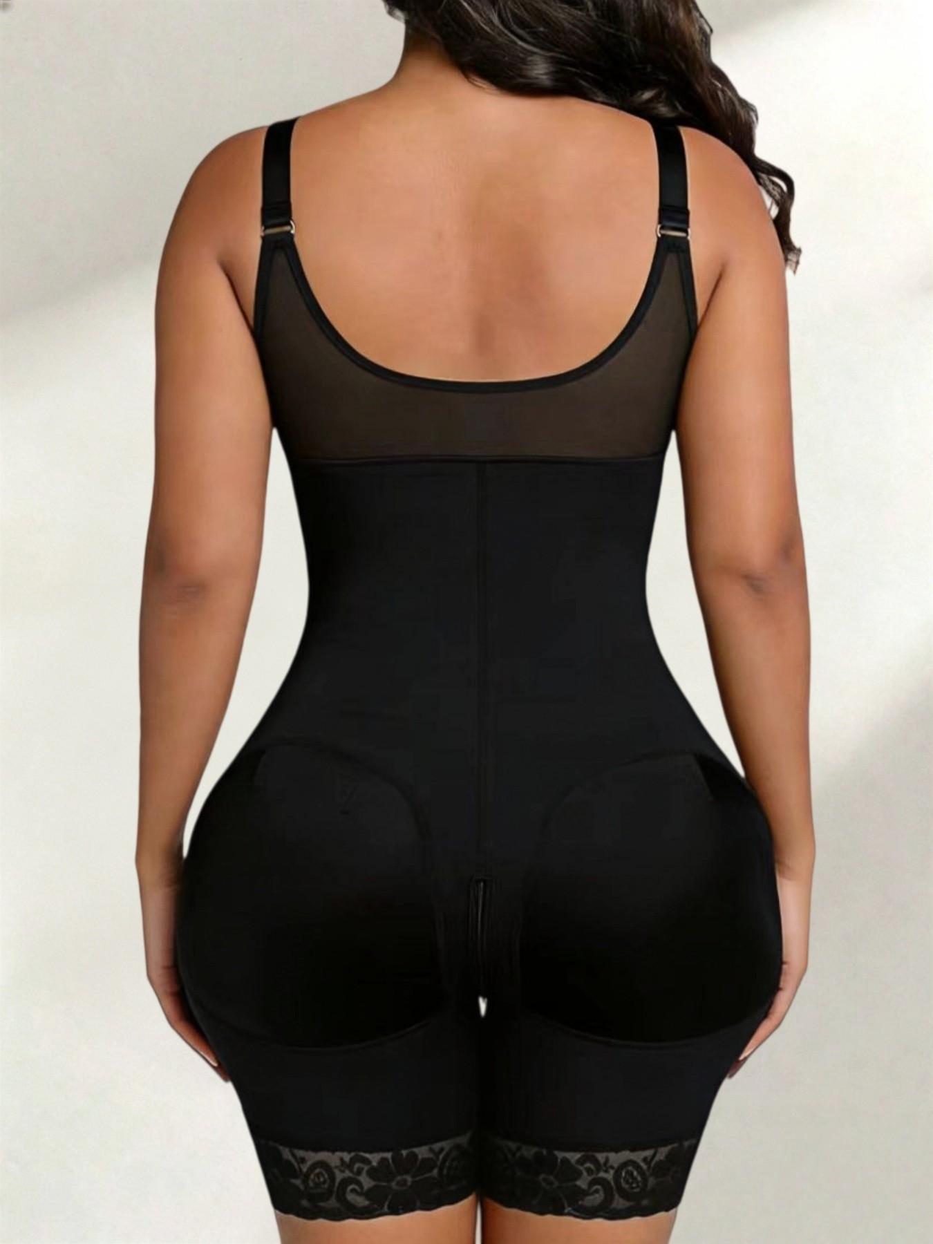 Women's Soft Breathable Full Body Colombian Underwear Shapewear Bodysuit, Zipper Closure Lace Trim Body Shaper with Adjustable Straps, Skin-Friendly V-Neck Shapewear for Special Occasions