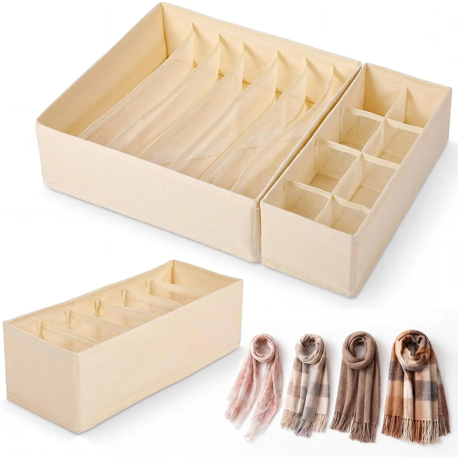 Soft Scarf Organizer for Closet Drawer 3 Set Fabric Storage Bins with 6, 7, and 8 Compartments for Scarves and Accessories Space Saving Closet Organizers Non Damaging Flexible Storage for Home (Beige)