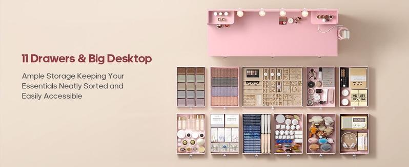 Sikaic Makeup Vanity with 11 Drawers and 6 Open Shelves Pink Modern Dressing Table with 3 Color Modes Lights, Power Strip and Storage high quality Sikaic Makeup Vanity with 11 Drawers and 6 Open Shelves Pink Modern Dressing Table with 3 Color Modes Lights, Power Strip and Storage high quality