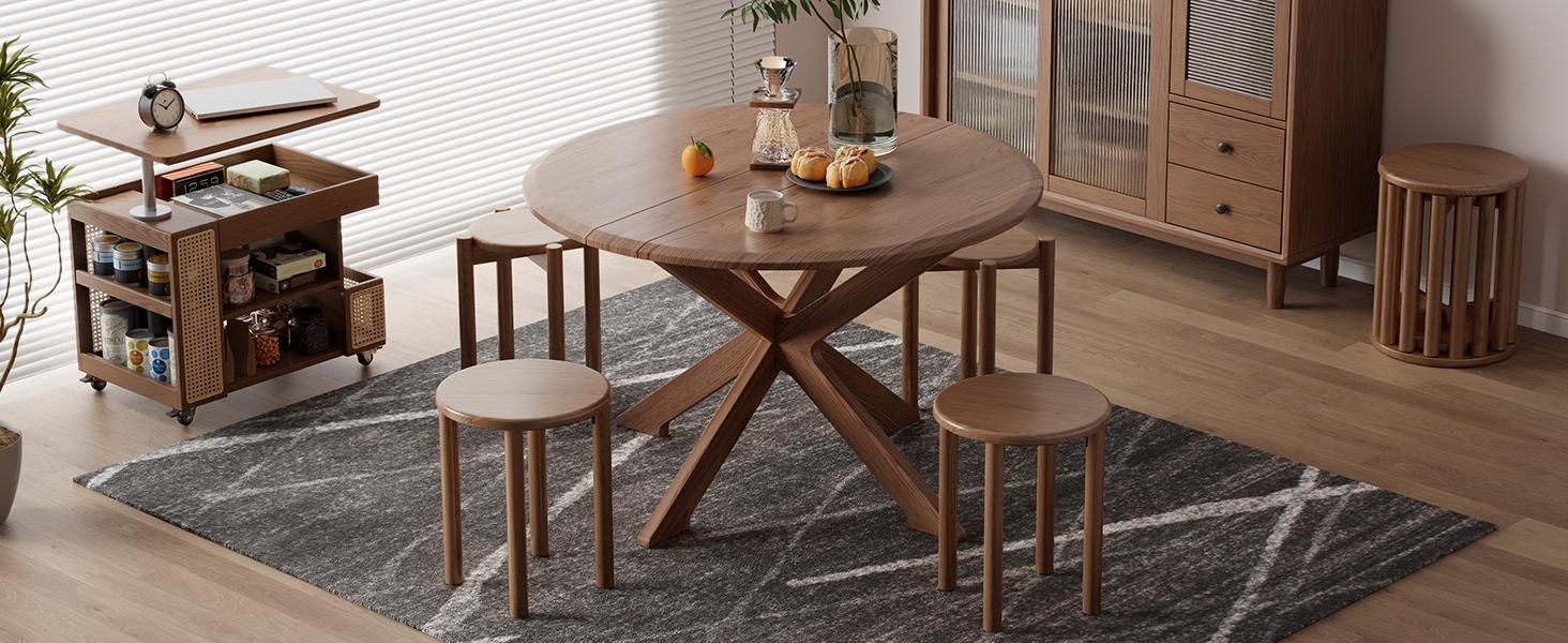 【Summer】TimberKnows Set of 4 Stackable Solid Wood Stools – 18" Round Nesting Tables, Fully Assembled, Durable & Space-Saving Design