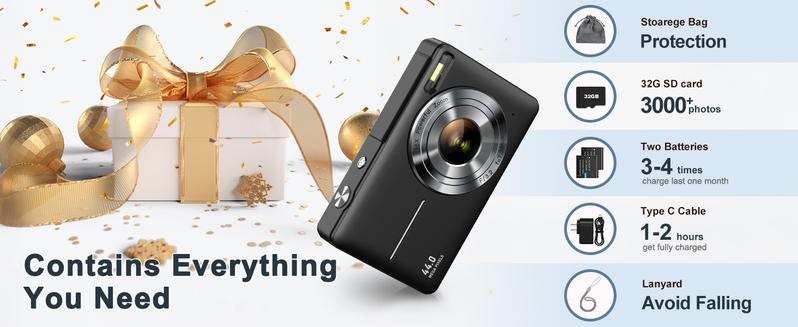 Small Digital Camera, Pocket Size Instant Vlogging Camera with 32GB SD Card & Wrist Strap, Self Timer, Anti-Shake, 16X Digital Zoom, FHD 1080P Point & Shoot Camera for Daily Photography, Perfect Holiday Gift for Adults, Teens & Kids【Deep Black】