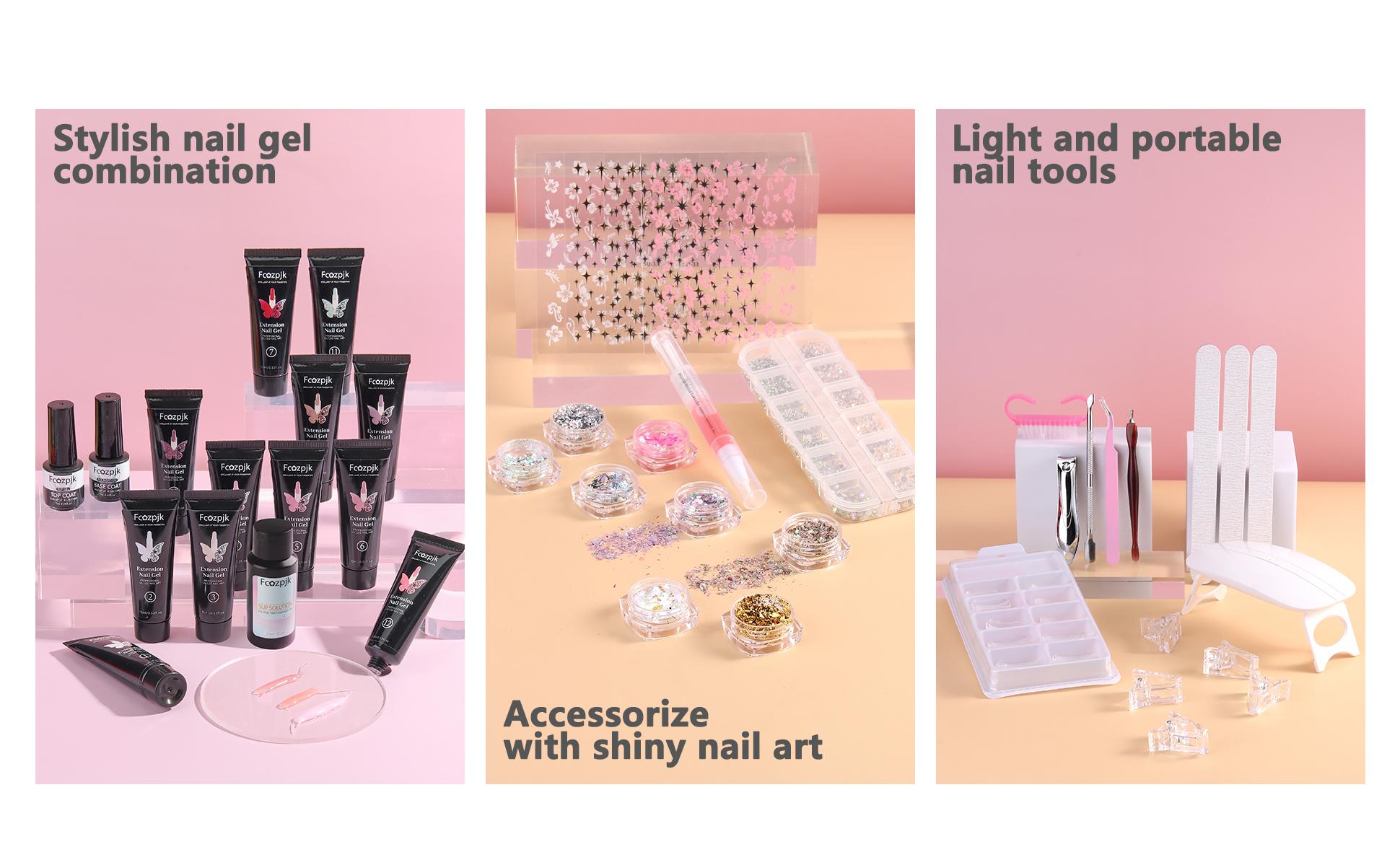 Fcozpjk Poly Gel Nail Kit with UV Light 12Colors Builder Gel Nail Extension Kit for Beginners with Everything Dual Nail Forms Slip Solution   Clipper Gel Brush Pen Chunky Glitter Poly Gel Nail Art Design Starter Kit