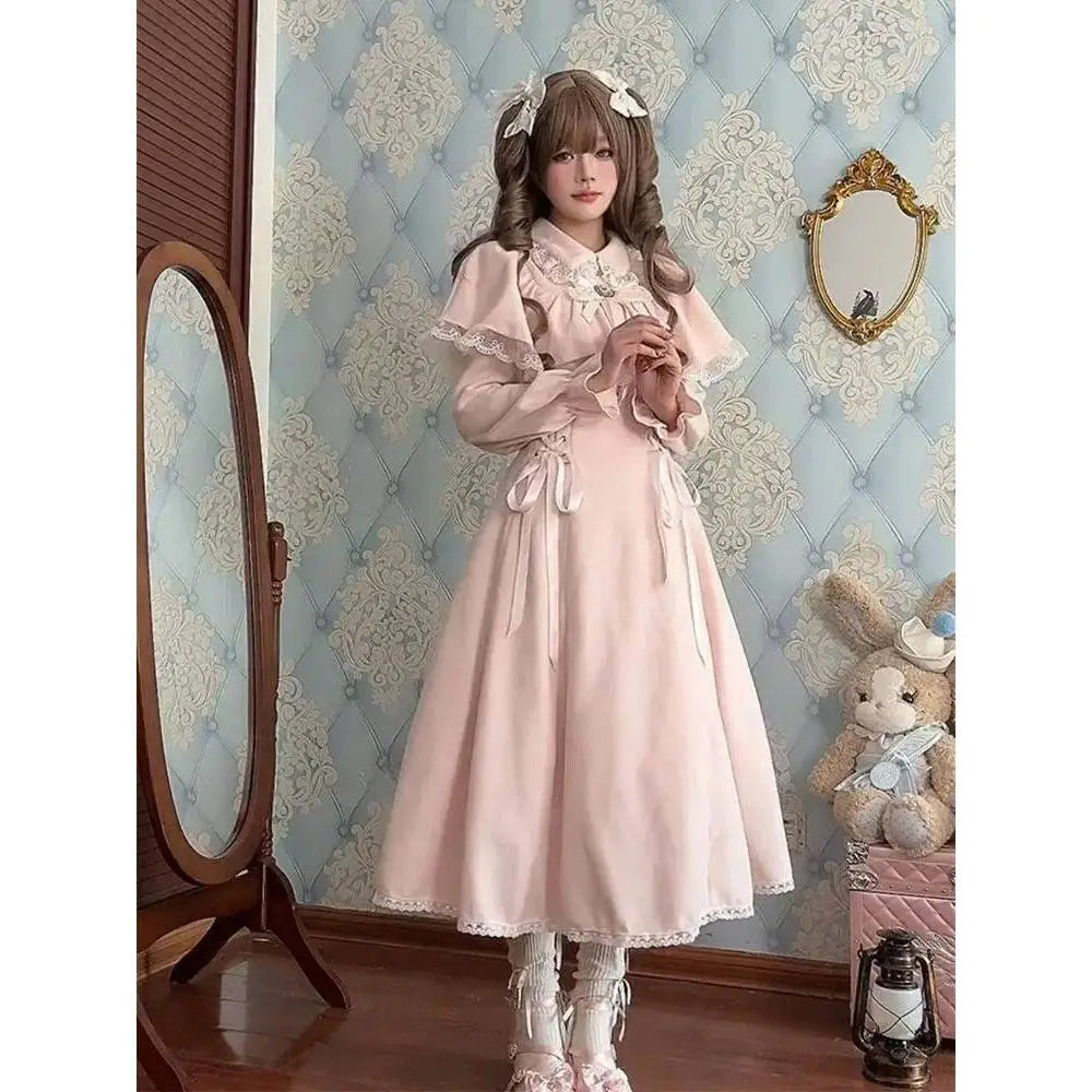French Elegant Sweet Princess Dress Lolita Kawaii Lace Bandage Dress Autumn New Harajuku Korean Fashion Vitnage Midi Dress