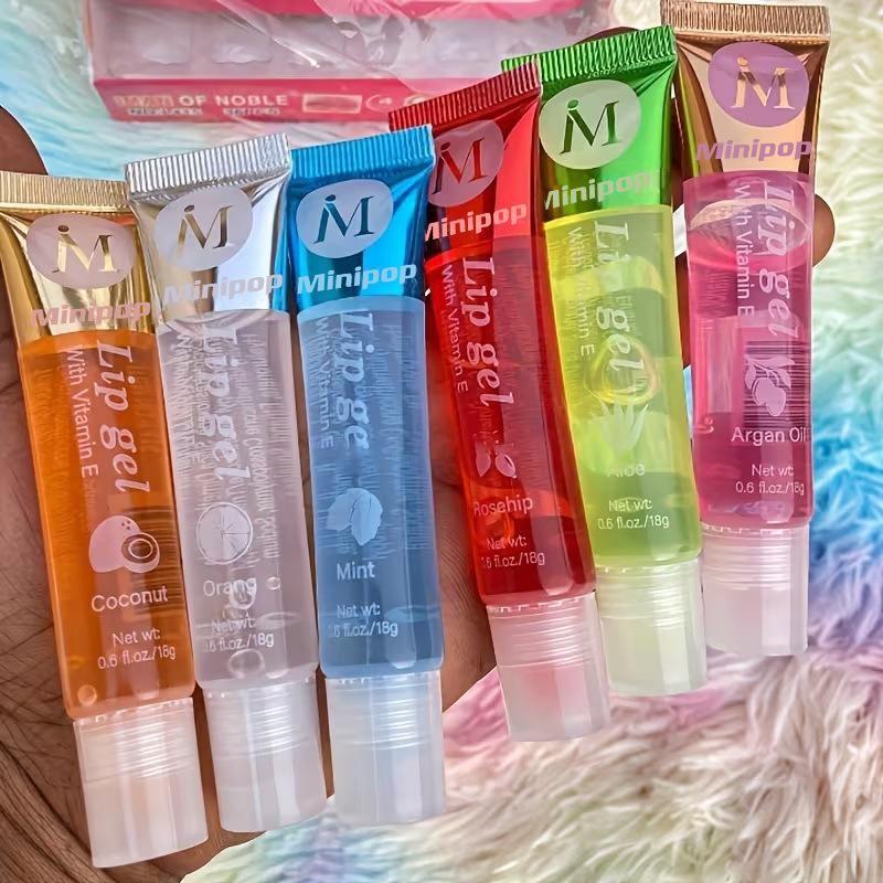 6-Pack Transparent Lip Oil, High Gloss Glass Lips, Moisturizing & Repairing, Fruit Scented Tube Design, Daily Use for Students