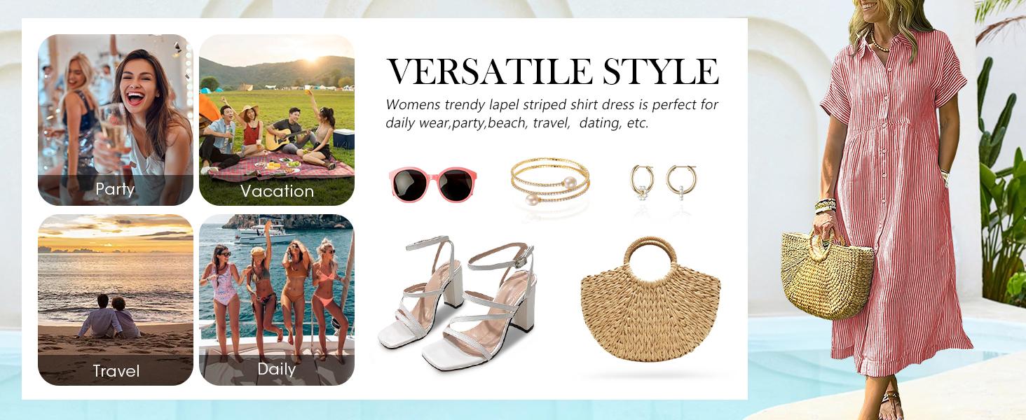 Chouyatou Women's Loose Midi Striped Shirt Dress Bohemian Side Slit Dress with Pockets SpringStatements