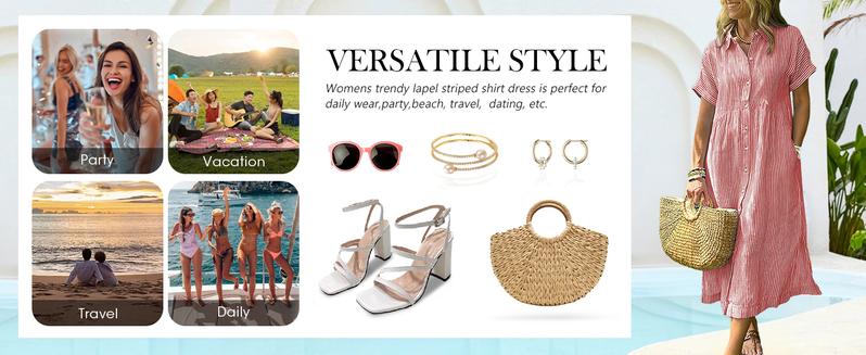 Chouyatou Women's Loose Midi Striped Shirt Dress Bohemian Side Slit Dress with Pockets