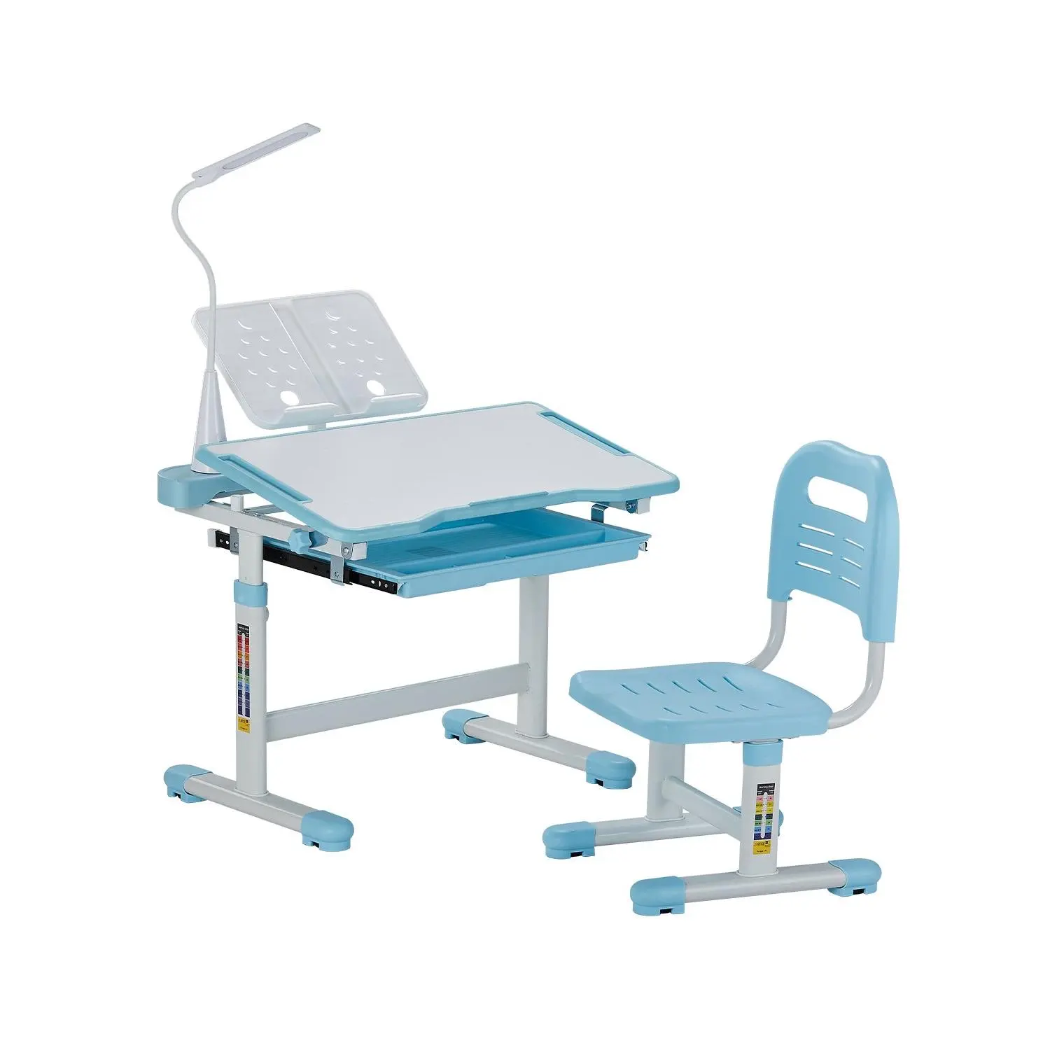 VEVOR Kids Study Chair and Desk Set, Study Desk and Chair for Kids with Table Lamp, Adjustable Height 0-40 Tilted Desktop Kids Desk and Chair, Children Study Table for Bedroom Study Room, Blue
