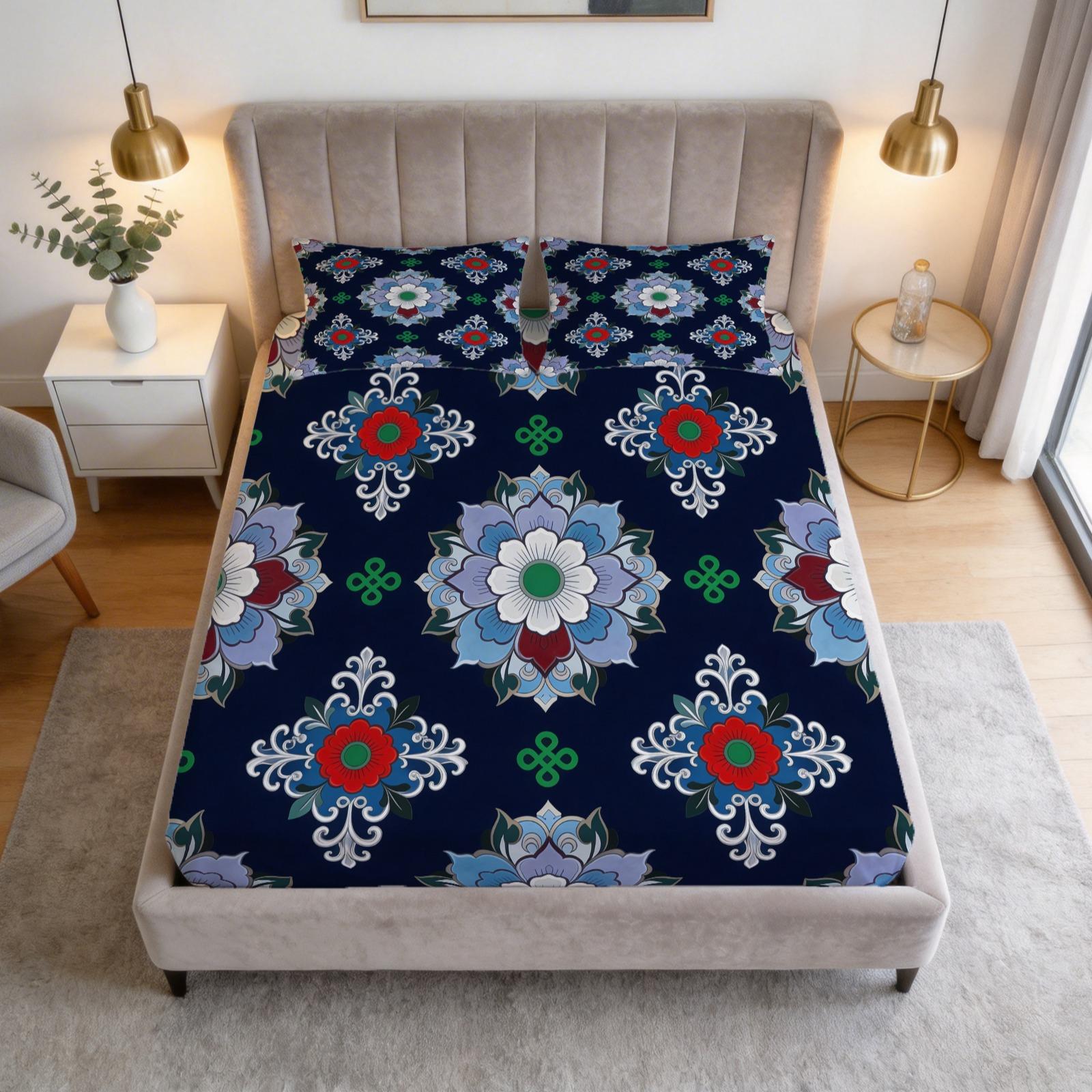 3 Piece Vintage Floral Mandala Fitted Sheet Set, HD Digital Printed Bed Sheet Set, Deep Pocket Soft Bedding Set (Pillowcases No Inserts) for Bedroom Decor