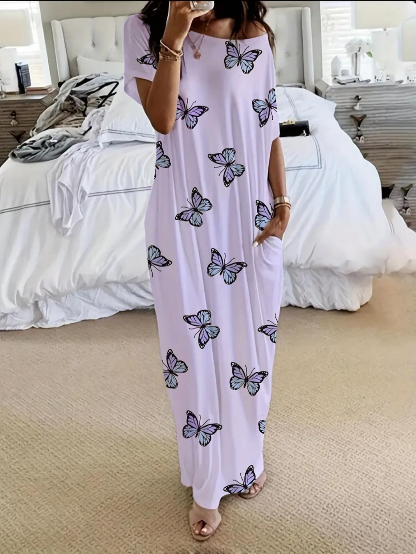 Women's Tie-Dye Butterfly Heart Print Sleepwear, Lady Leopard Coffee Color Round Neck Loose Fit Pajamas, Comfortable Soft Loungewear, Homewear