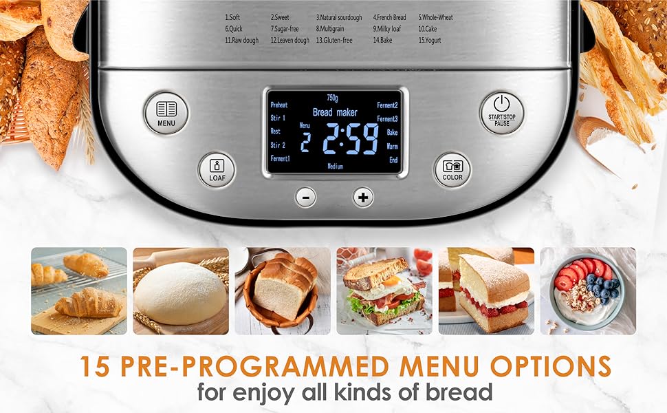 Automatic Bread Maker, 2LB 1.5LB 1LB Bread Maker Machine with  with Gluten-Free Setting, 15-in-1 Stainless Steel Bread Maker with Recipes