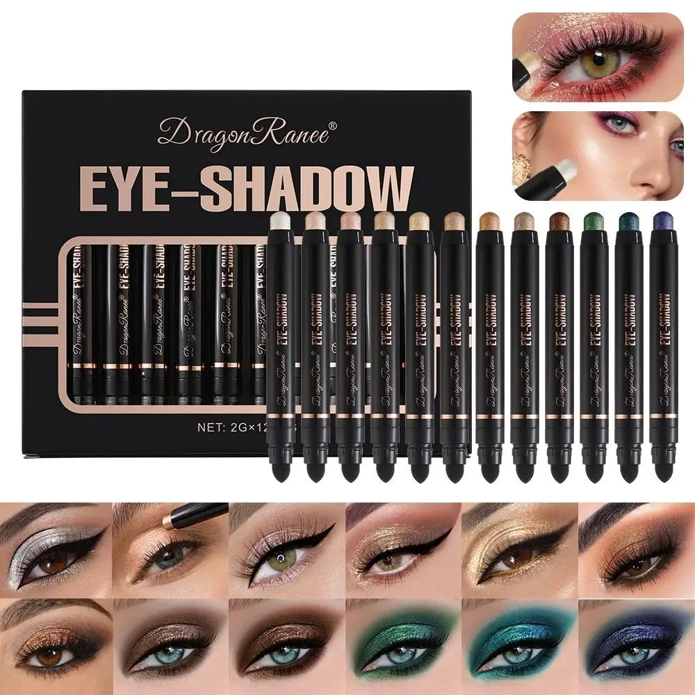 12-Piece Dual-Ended Eyeshadow Pen Set, Pearl Finish Eye Shadow Pens in 12 Colors, Long-Lasting No Smudge, Highlighter Included