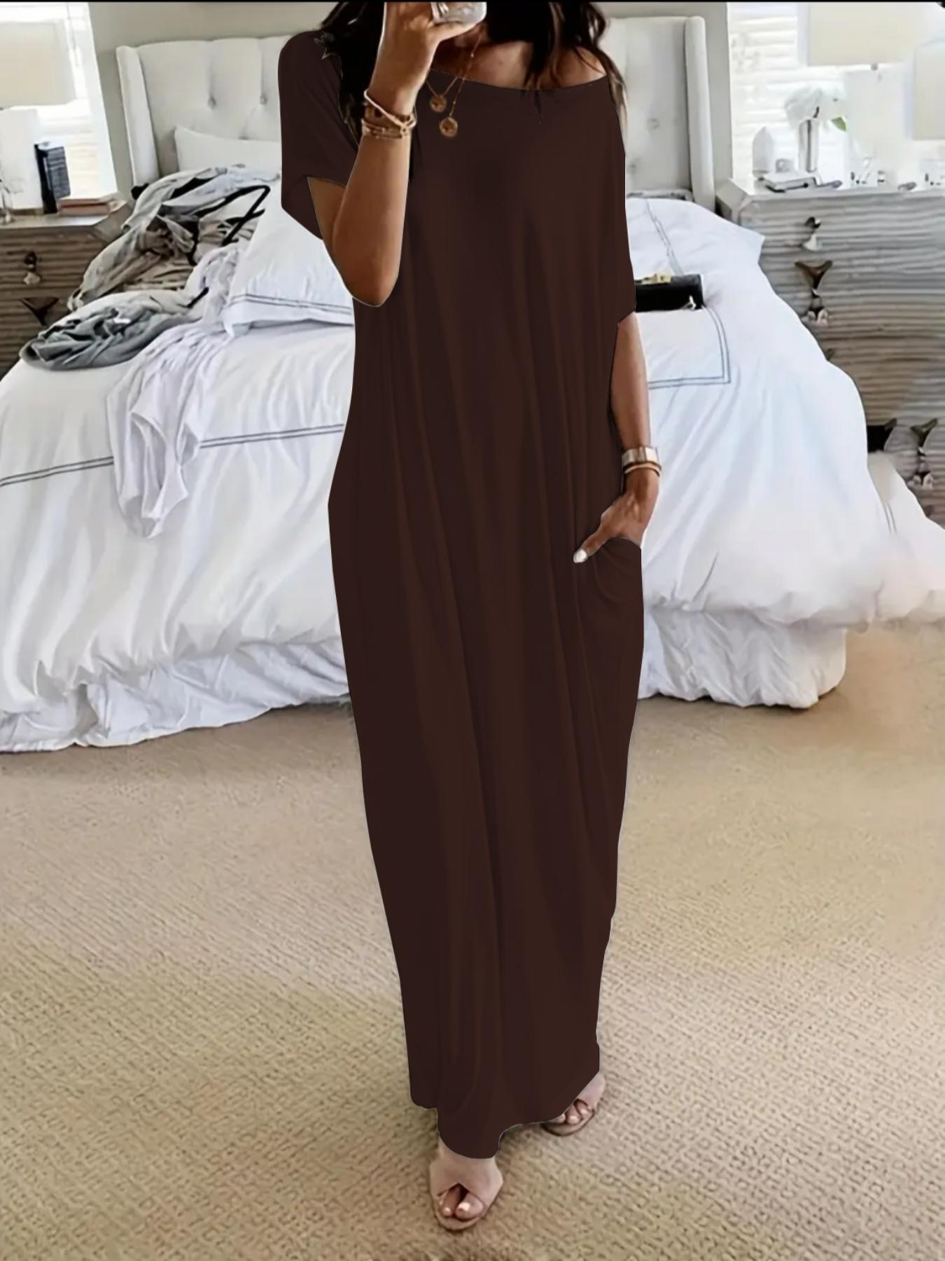 Women's Stylish Casual Long Sleeve Batwing Pocket Nightgown, Comfortable Loose Fit for Home & Sleep, Fashionable Daywear Loungewear Nightwear Dress