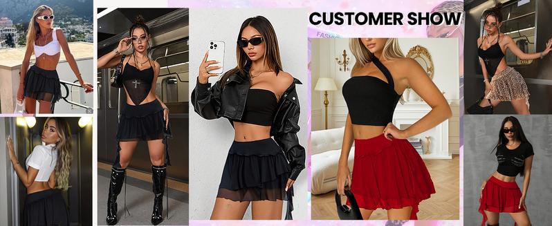 Avidlove Women's Pleated Mini Skirt Mesh Layered Ruffled Skirt Casual Ruffles Flowy Skorts S-XXL