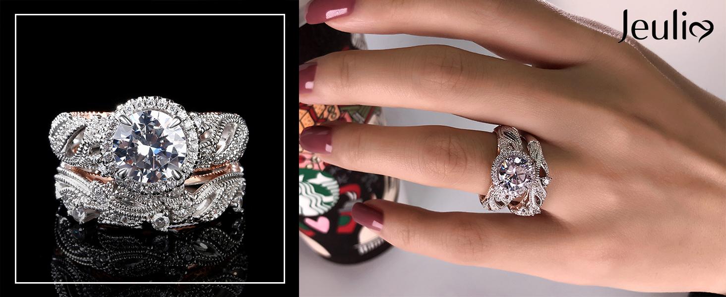 Jeulia 4 Carat Openwork Ring Sets for Women 925 Sterling Silver Wedding Sets Rose Golden Round Cut Halo Engagement Ring White band CZ Solitaire Anniversary Promise Rings wedding set Sterling Silver