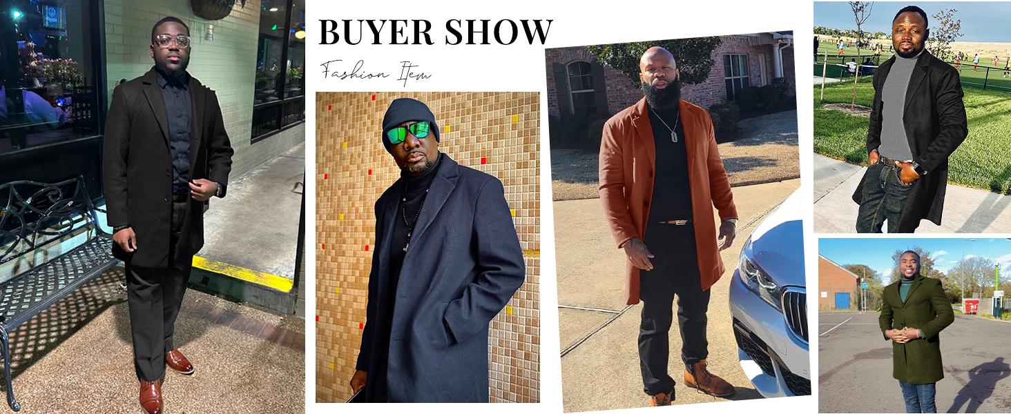 Runcati Men's Trench Coat Slim Fit Notched Collar Fall Winter Single Breasted Pea Coat Warm Soft Overcoat