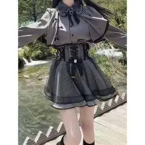 Vintage Preppy Style Lace Long Sleeve 2-piece Set Fashion Kawaii Bow Patchwork T-Shirts Women Retro High-waist Plaid Skirt Suit