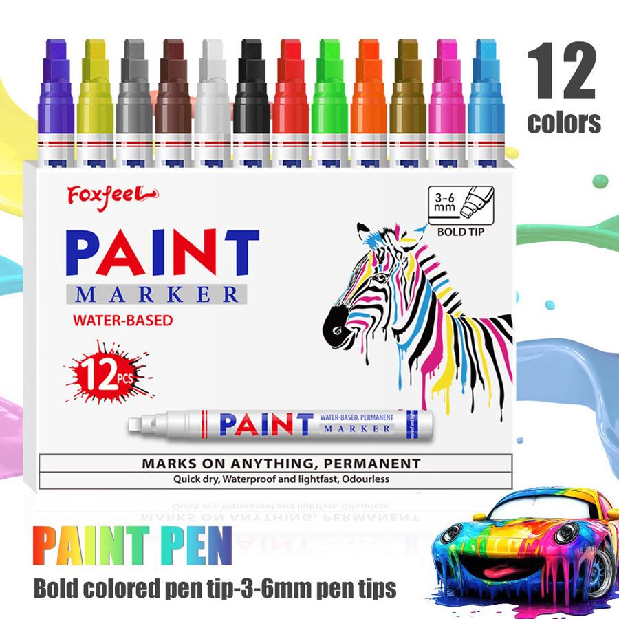12 Color Vibrant Quick-Drying Permanent Paint Pens, Waterproof Oil-Based Markers Set for Tires Rocks Wood Glass DIY Crafts, All Surfaces Non-Fade