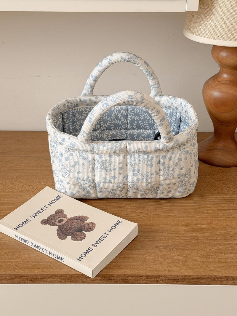 Flannel Peony Storage Basket, Floral Quilted Handheld Organizer, Desktop Living Room Bedroom Sorter, Cosmetic Bags