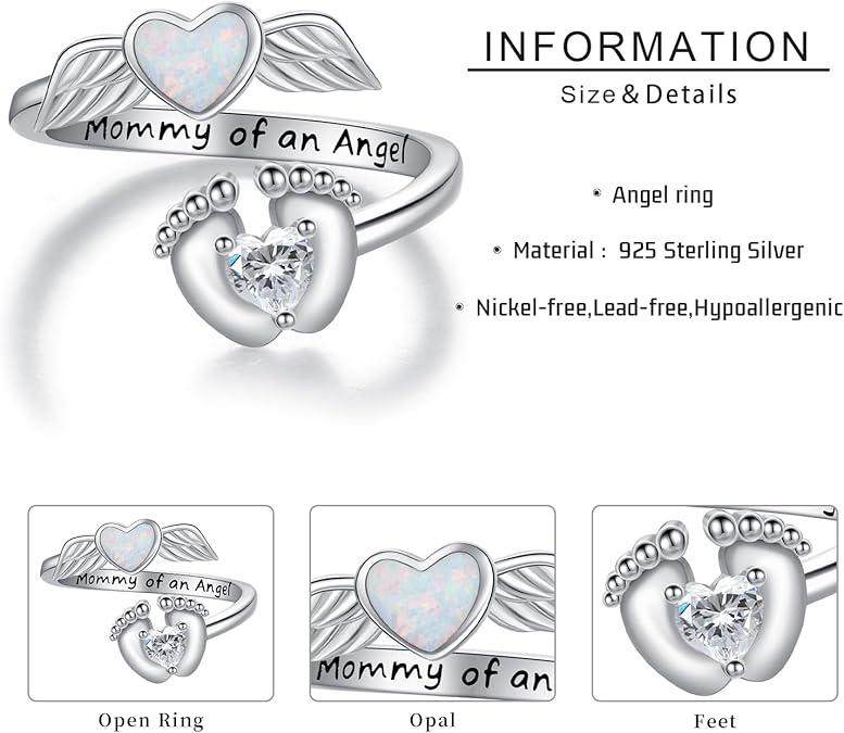 S925 Sterling Silver Angel Ring, Angel Mom Ring, Footprint and Wings Ring. Comes with a gift card, perfect for gifting. Sizes 6-9 available.