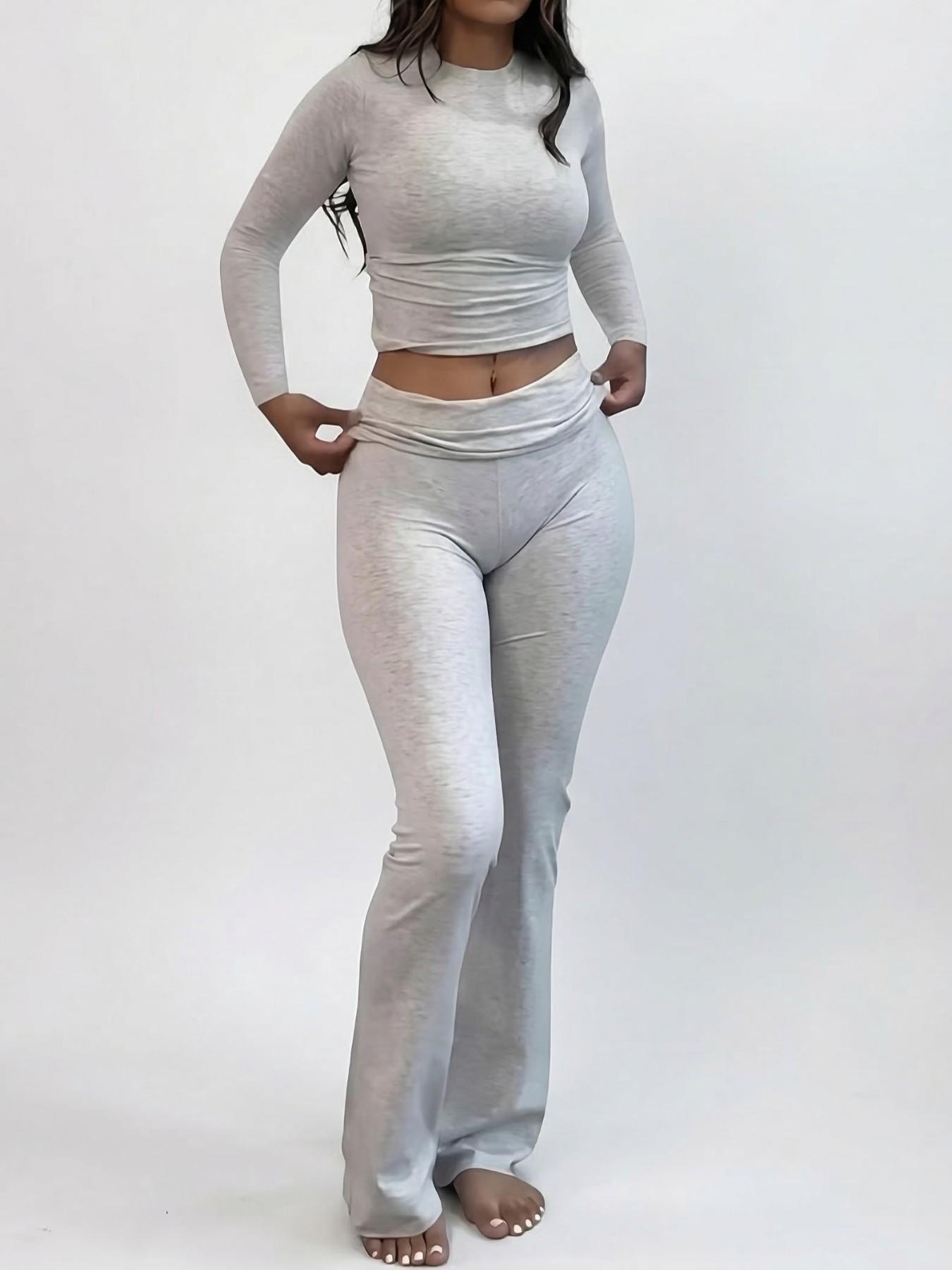 Women's Solid Long Sleeve Crop Tee & Flare Leg Skinny Pants Loungewear Set, Casual Round Neck Top & Bell Bottom Leggings, Sleepwear Set for Women