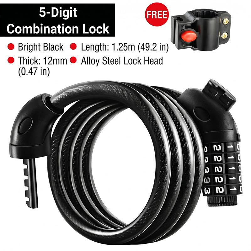 Bicycle Lock, 5-Digit Resettable Combination Cable Lock, with Mounting Bracket, Security Lock for Bikes, Scooters, E-Bikes, Motorcycles, Fences, Gates, Bicycle Accessories Bicycle Lock, 5-Digit Resettable Combination Cable Lock, with Mounting Bracket, Security Lock for Bikes, Scooters, E-Bikes, Motorcycles, Fences, Gates, Bicycle Accessories