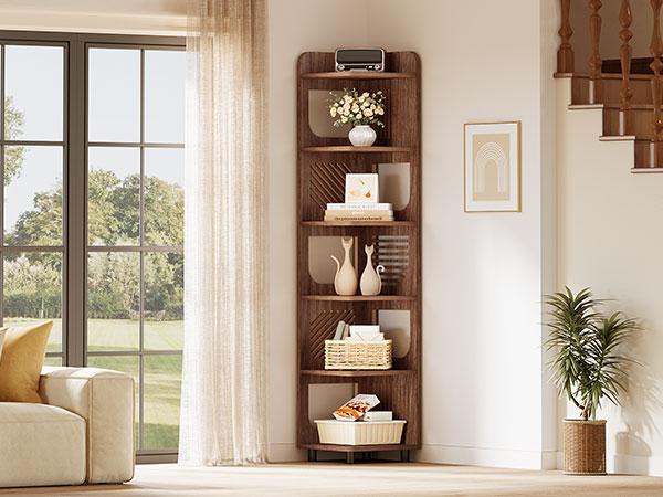 LITTLE TREE 6-Tier Tall Corner Shelf, 71-Inch Rustic Narrow Corner Bookshelf Bookcase with Square Rack, Freestanding Corner Display Storage Shelf Organizer for Living Room, Kitchen, Office