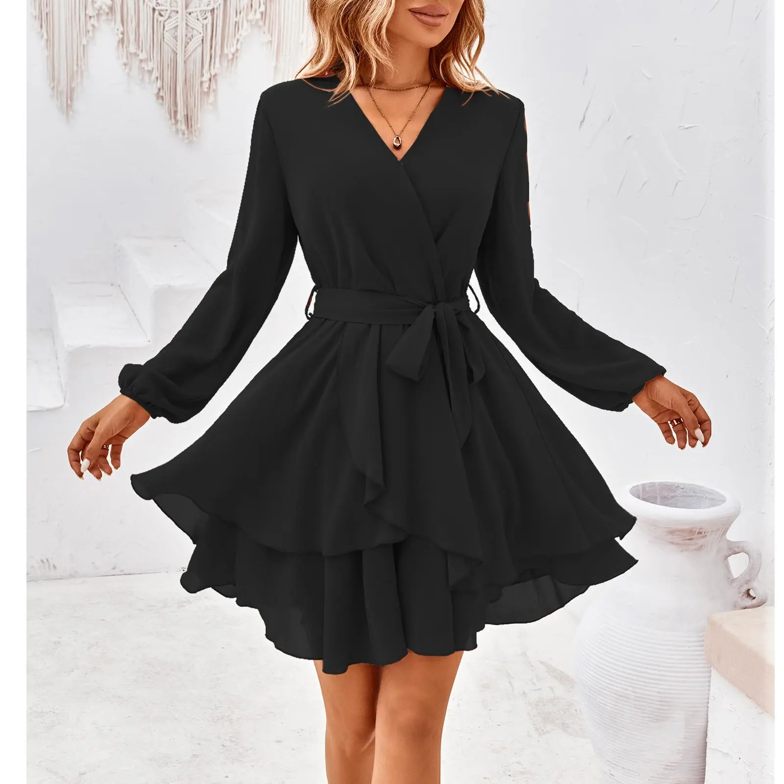 YNIQUE Women's Feminine Adjustable Wrap Chiffon Dress - Long Sleeve, Belted Waist, Layered Ruffle Hem, Short Length - Cocktail, Casual Style Dress