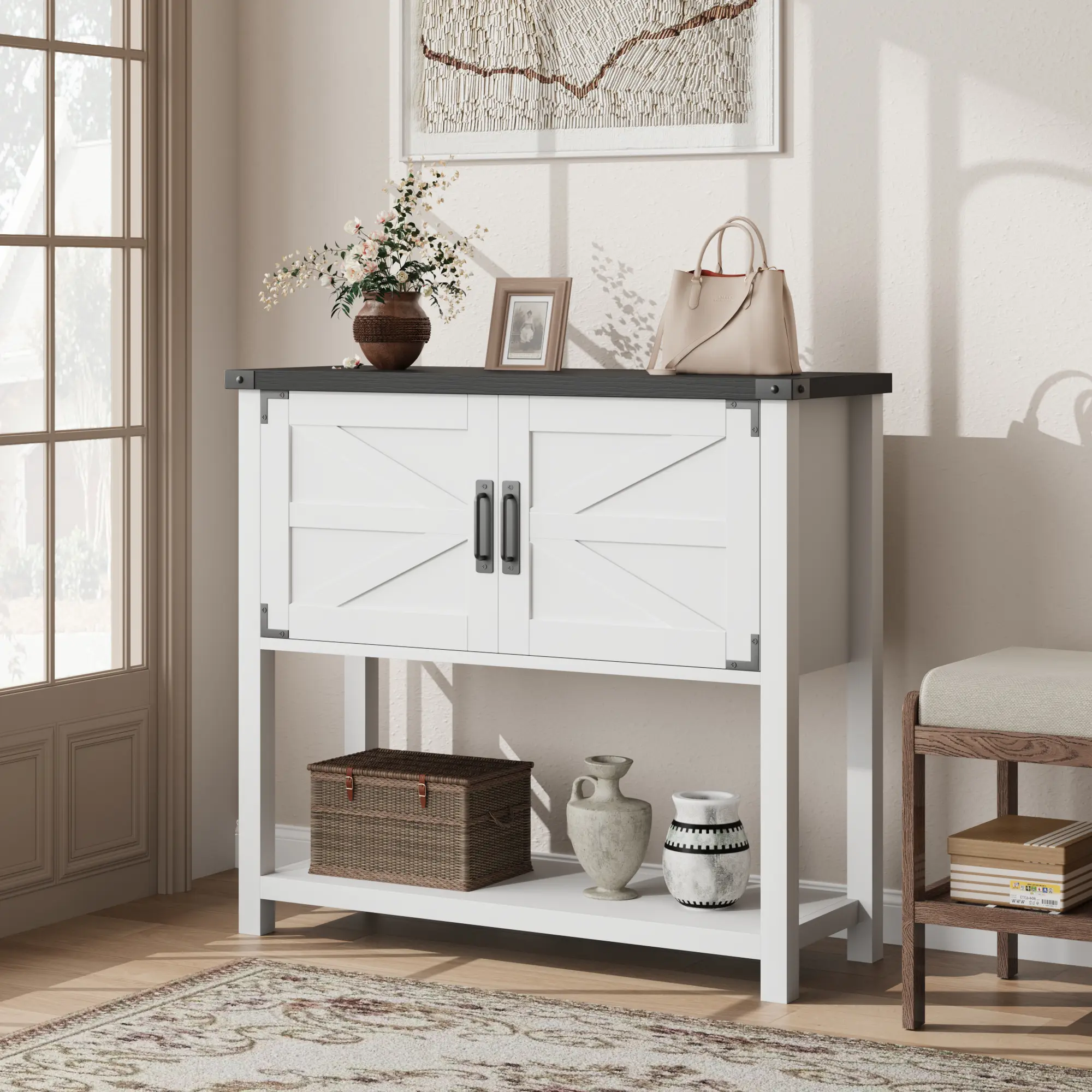 Farmhouse Style Console Table – Wooden 2-Door Cabinet with Storage – Narrow Sofa Side Table – Buffet Sideboard for Entryway, Living Room, Dining Room, Hallway