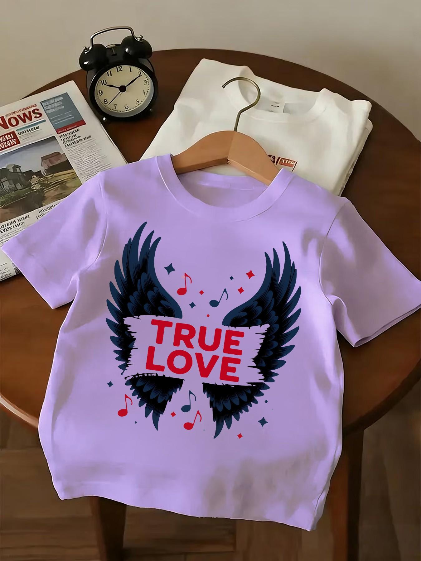 Teen Rock Style True Love Short Sleeve Tee, Deep Blue Wings True Love Print, Unisex Casual Slim Fit Round Neck T-Shirt