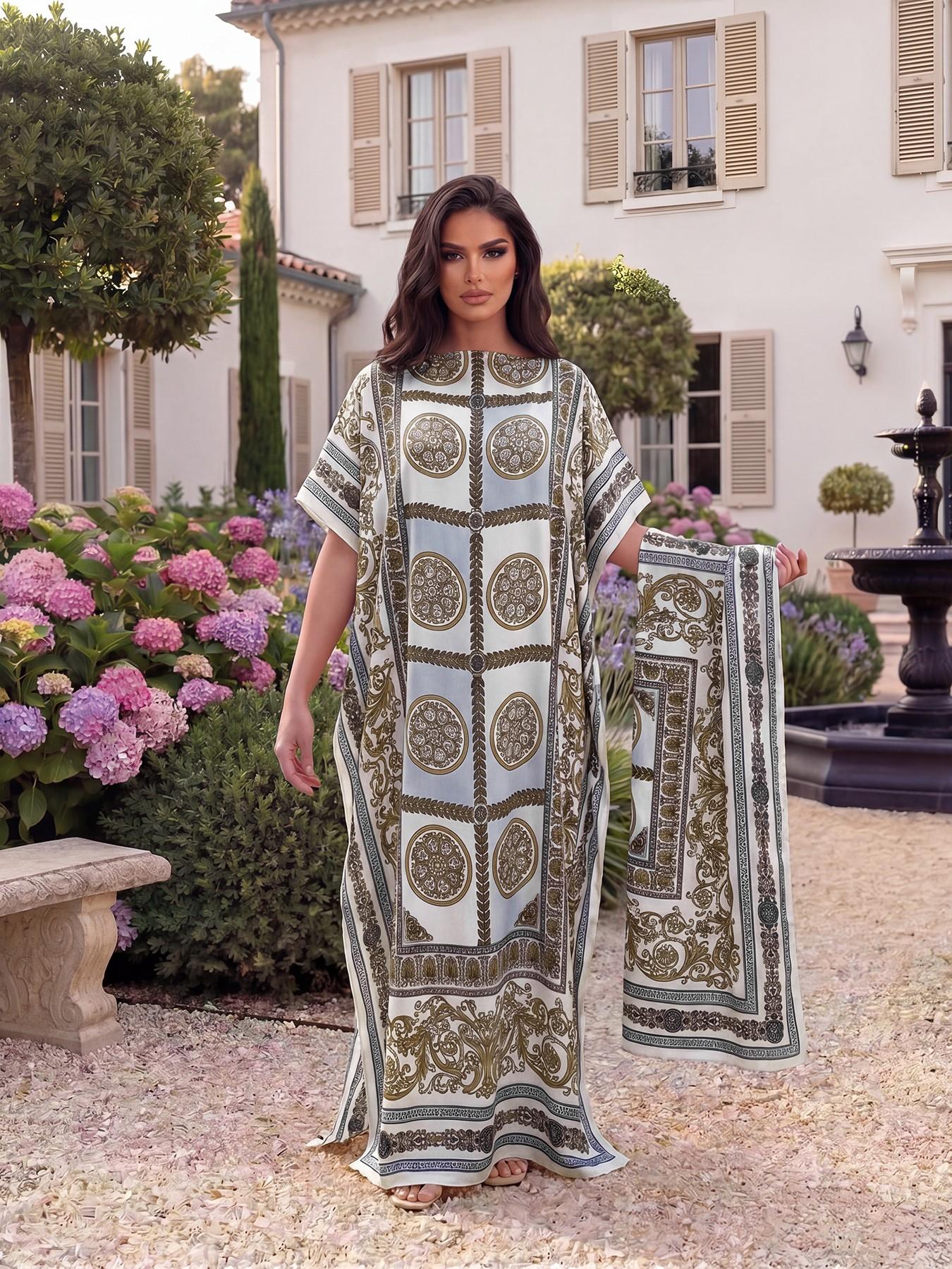 Women's Boho Style Long Robe Set, Fitted All-Over Print Shawl Dress, Sun Protection Silk Scarf, Beachwear for All Seasons