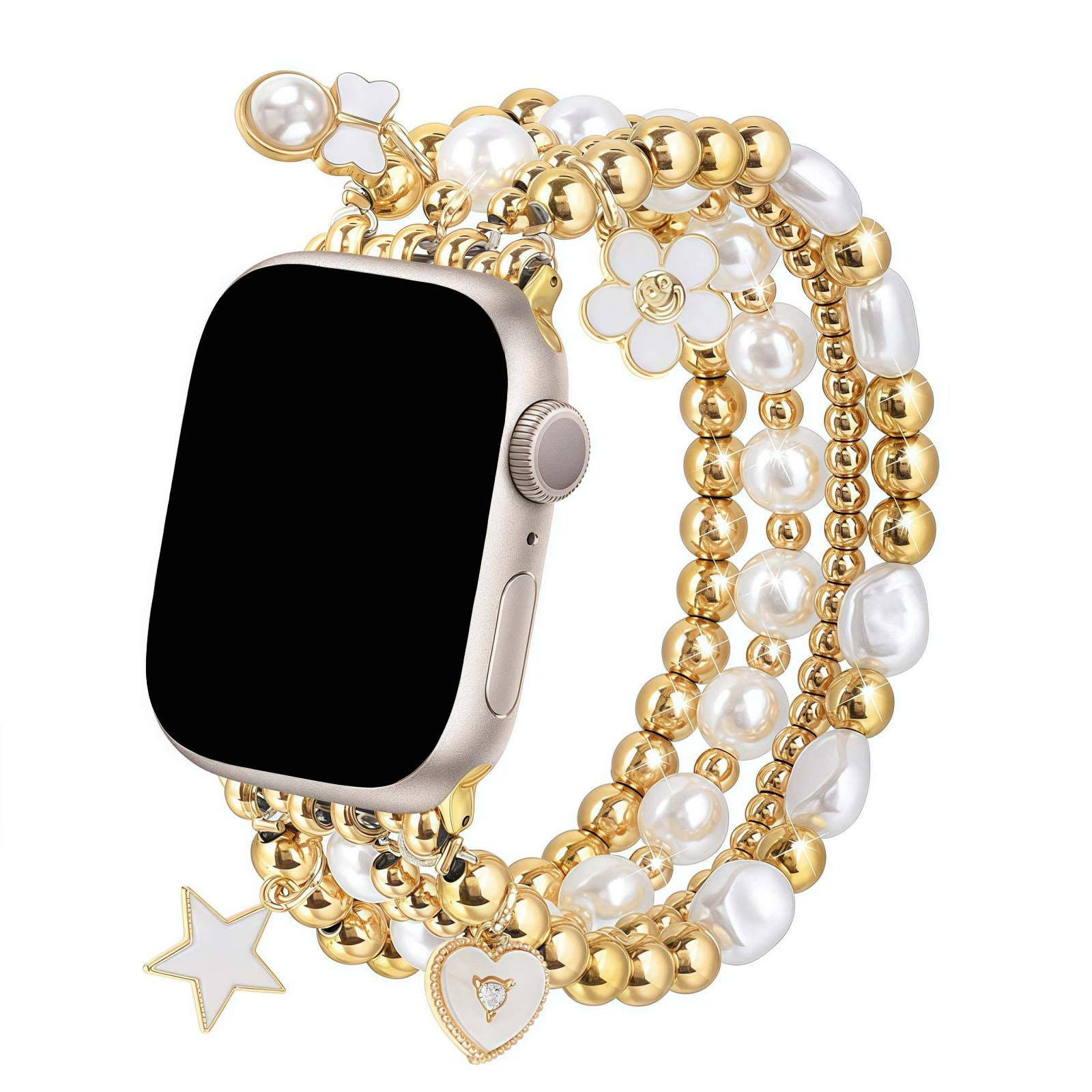 Gold bead bracelet suitable for 38mm 40mm 41mm 42mm women's Apple Watch strap, Smartwatch Accessories, iWatch SE series handmade dress iPhone strap elastic strap heart-shaped pendant strap, women's pearl strap, Smart Watch Straps