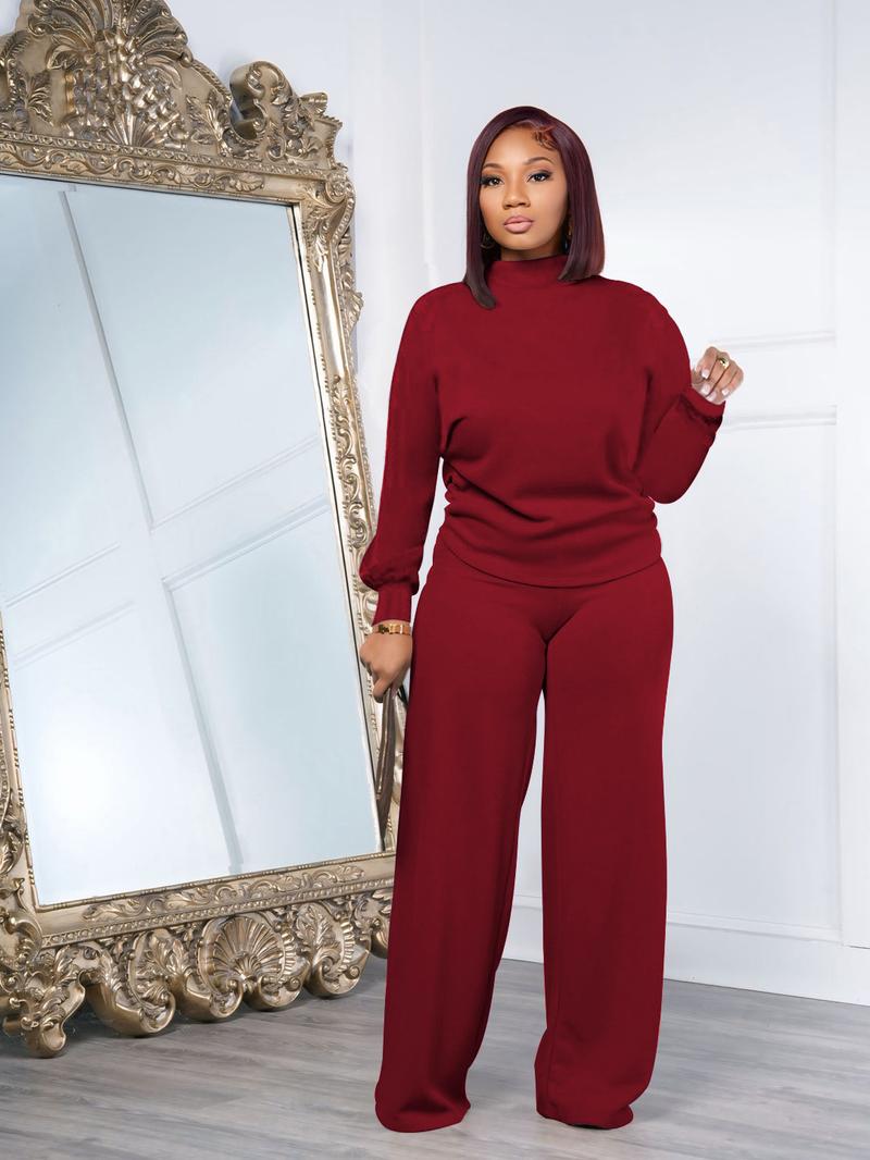 USBoutiqueCHIC Women's Chic Fall Winter Silky Soft 2-Piece Set - Long Sleeve Semi High Neck Loose Top & Wide Leg Pants, Casual Cozy Outfit for Daily Wear