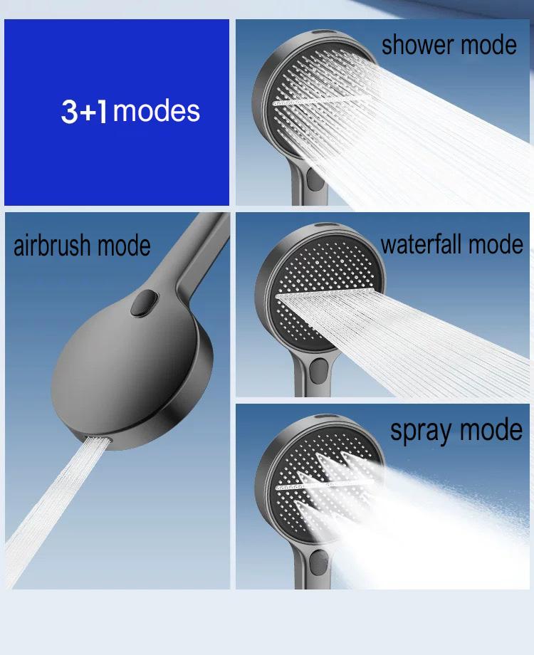 5.9-inch super large panel handheld showerhead features four water modes. It provides a powerful water flow that envelops your entire body and comes with a bracket and a 59in‘ soft hose, silver and gray