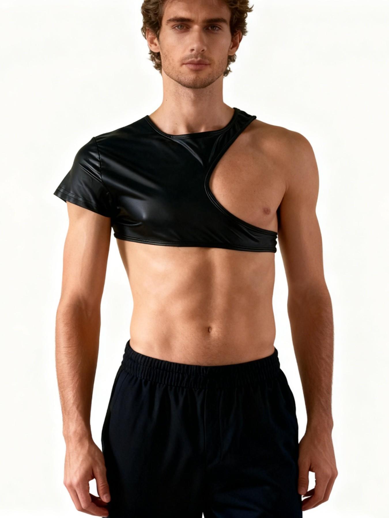 Men's Hollow Out One-Sided Chest Reveal Short Sleeve Top, European and American Style, Stage and Bar Performance Wear