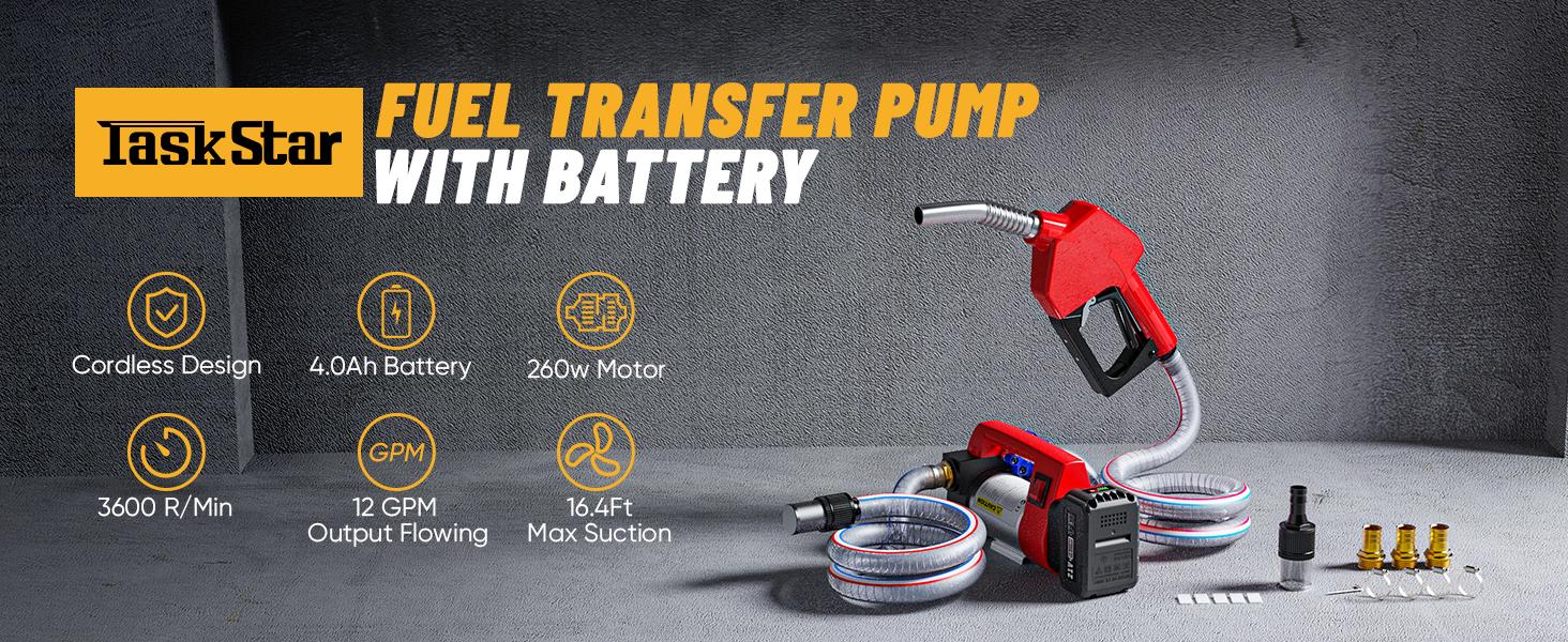 [TaskStar] Transfer Pump, Portable Cordless Diesel Transfer Pump Kit, Battery Powered 12GPM（Includes one battery） Fuel Pump Kit w/ 4.0Ah Battery, Nozzle&Hose for Diesel, Kerosene& Biodiesel [SummerVibes ] fathersdaygift
