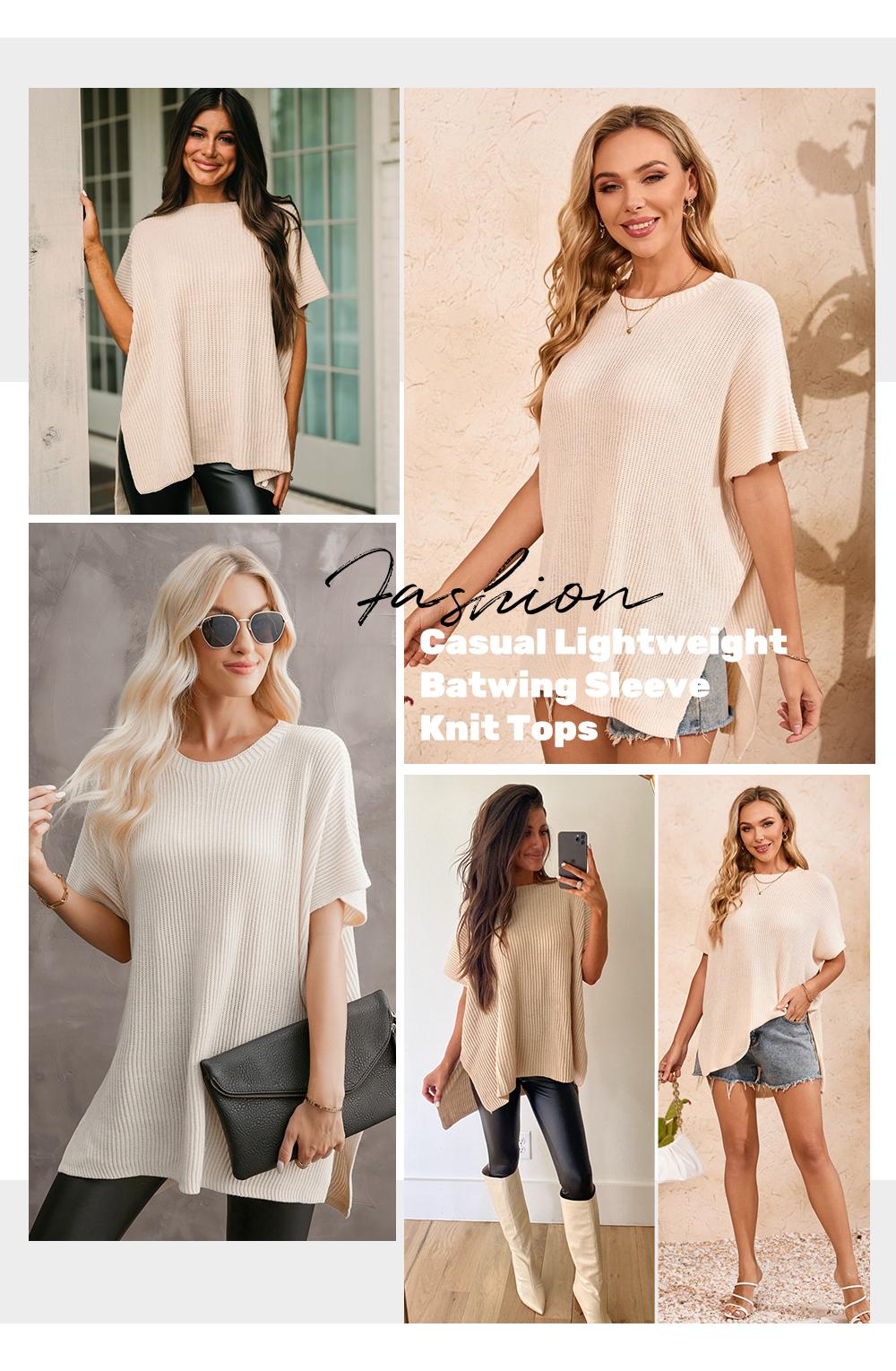 Shewin Women's Ribbed Knit Top Batwing Short Sleeve Crew Neck Oversized High Low Side Split Casual Blouse DealsForYouDays