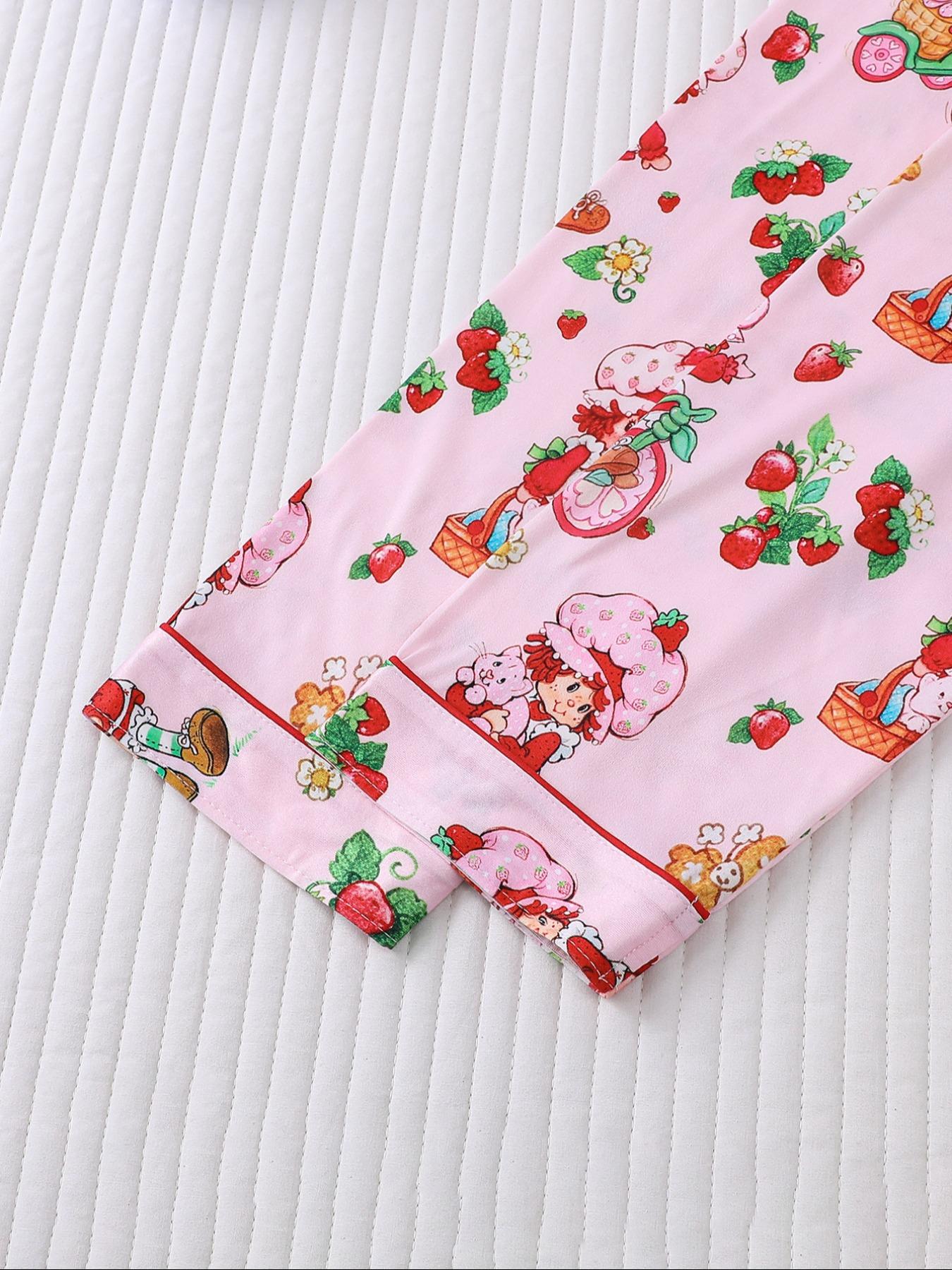 Women's Strawberry Pattern Print Sleepwear Set, Long-Sleeve Button-Up Top & Elastic-Waist Pants, Casual Fall Winter Pajamas, Comfortable Home Wear