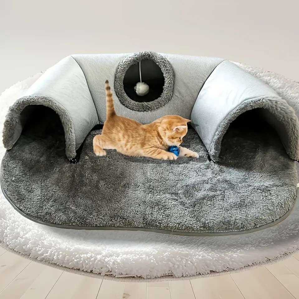 3‑in‑1 Cozy Cat Tunnel Bed – Play Mat & Warm Nest with Non‑Slip Base, Suitable for Small to Medium Cats, Rabbits and Hamsters