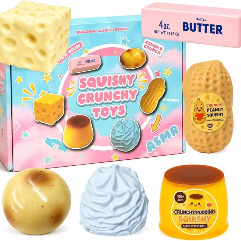 6 Pack Crunchy Squishy Box Slow Crunchy Squishies Mystery Fun Set Butter Peanut Pudding Cream Cheese Potato Asmr Filled, Squeeze Stress Ball Rebound Calming Desk Decor Moldable Adults