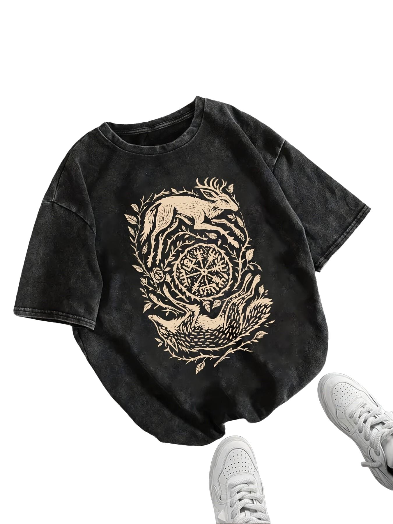 Men's Vintage Deer Totem Print T-Shirt, Loose-Fit Casual Long Sleeve Top, Breathable Polyester Streetwear, Summer New Arrival