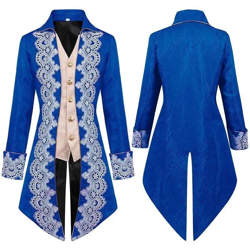Men's Steam Punk Medieval Tailcoat Gothic Victorian Dress Coat Uniform with Lace Halloween Cosplay Stage Performance Clothing