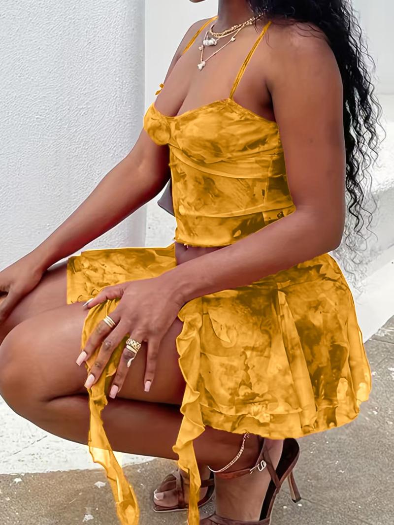 Women's All Over Print Crop Cami Top & Skirt Two-Piece Set, Fashion Casual Skirt & Top Set for Daily Outdoor Wear, Ladies Clothes for All Seasons